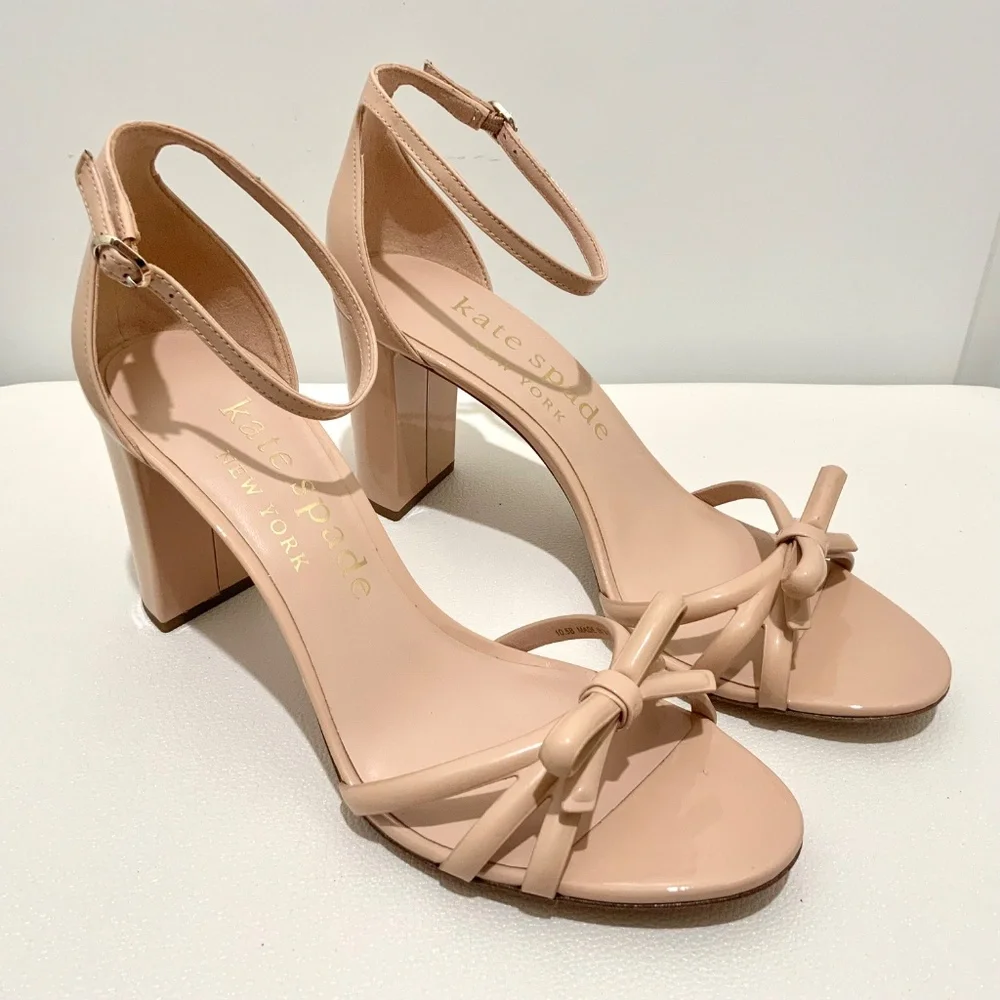Kate Spade Flamenco Nude Patent Leather Sandal Block Heel Ankle Strap Shoes 10.5